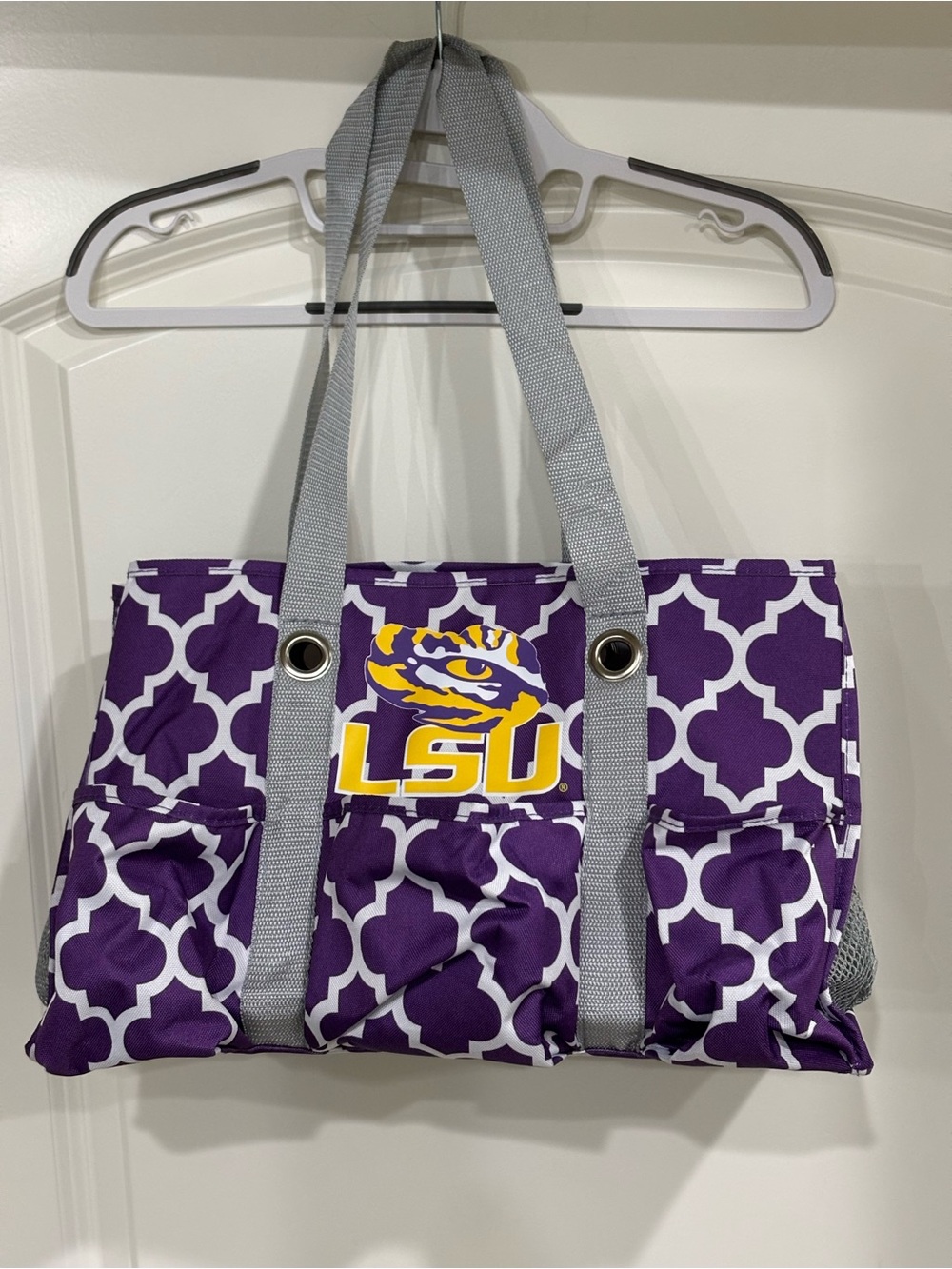 Purple Patterned Tote with Gray Straps and LSU Logo